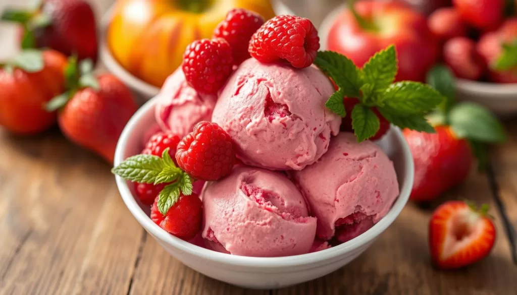 Presentación de helado de frutos rojos