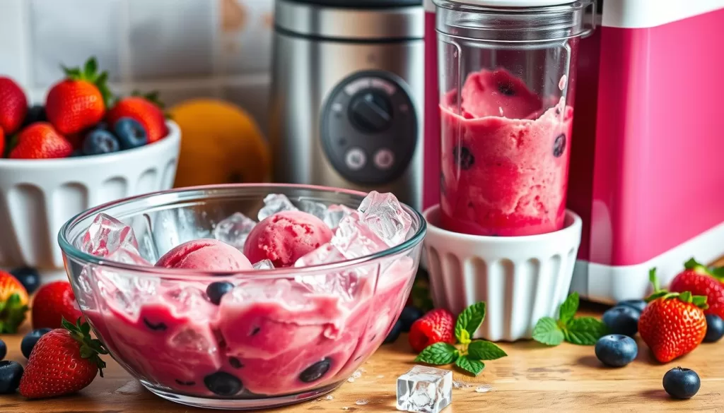 Proceso de congelación de helado de frutos rojos