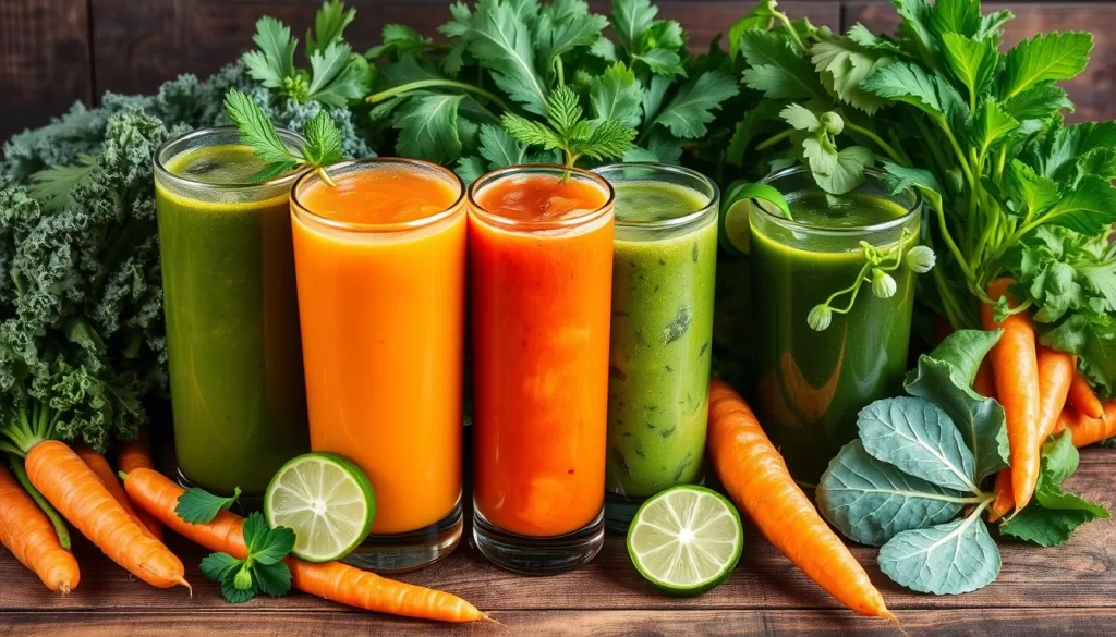 jugos de zanahoria y verduras verdes